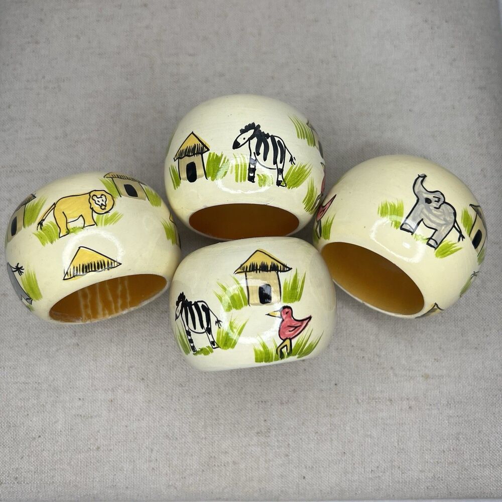 Set of 4 Hand Painted African Safari Animal Wooden Napkin Rings Zebra Lion Bird